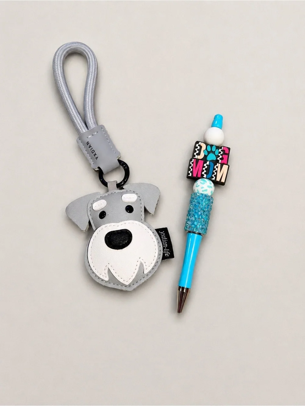 Handmade “Dog Mom” pen and Gray Dog Face faux leather Keychain Charm